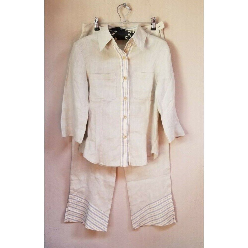 2 PC LE PHARE de la Baleine Womens Button Up Top Pants Suit Set Size T38 Beige